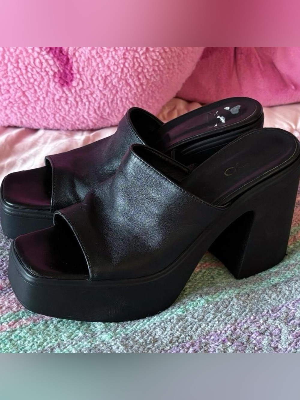 Vintage ALDO Made in Italy Black Platform Mules Y2K Chunky Heel Size 7.5